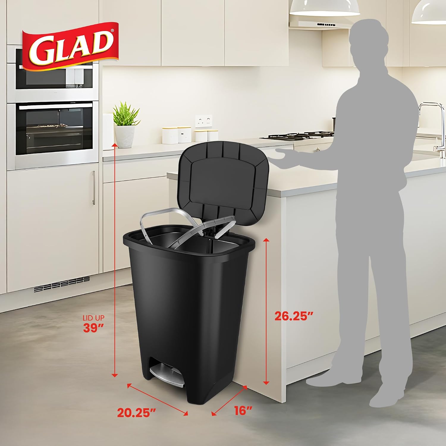 Black plastic minimalist kitchen trash can with odor control feature, 20-gallon capacity, front-angled view — side