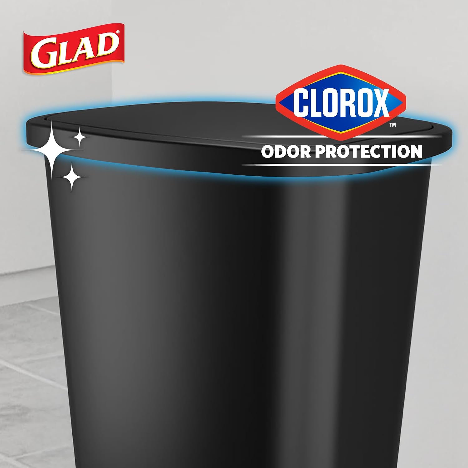 Black plastic minimalist kitchen trash can with odor control feature, 20-gallon capacity, front-angled view — back
