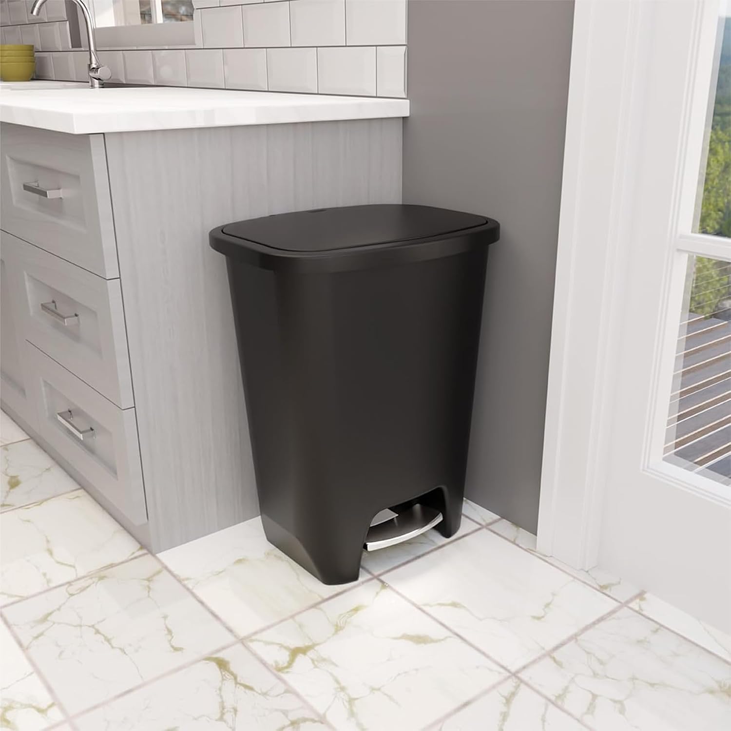 Black plastic minimalist kitchen trash can with odor control feature, 20-gallon capacity, front-angled view — view 4