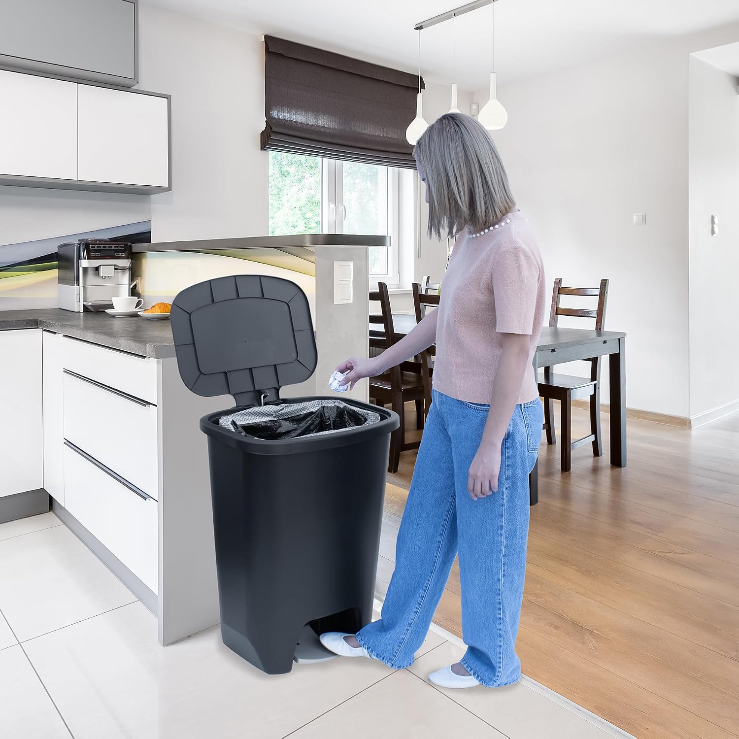 Black plastic minimalist kitchen trash can with odor control feature, 20-gallon capacity, front-angled view — view 5