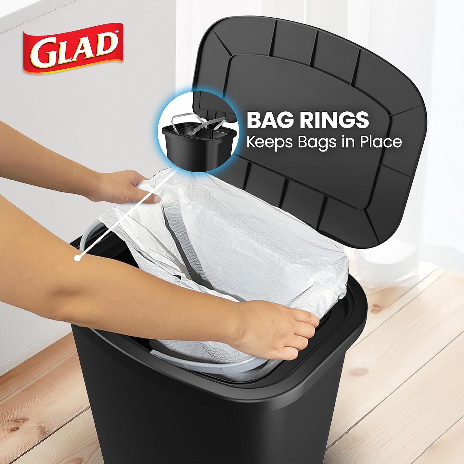 Black plastic minimalist kitchen trash can with odor control feature, 20-gallon capacity, front-angled view — hero view 1