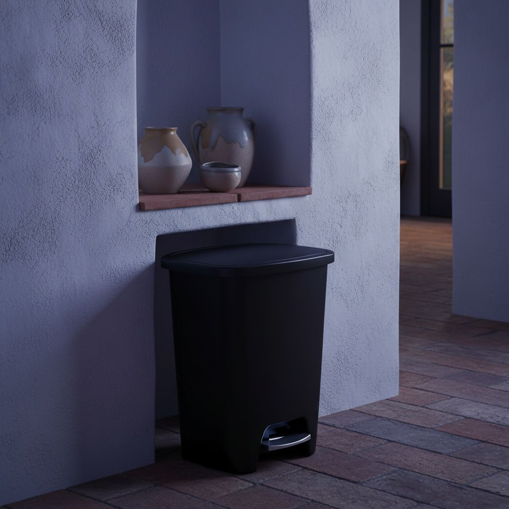 Black plastic minimalist kitchen trash can with odor control feature, 20-gallon capacity, front-angled view — view 5b
