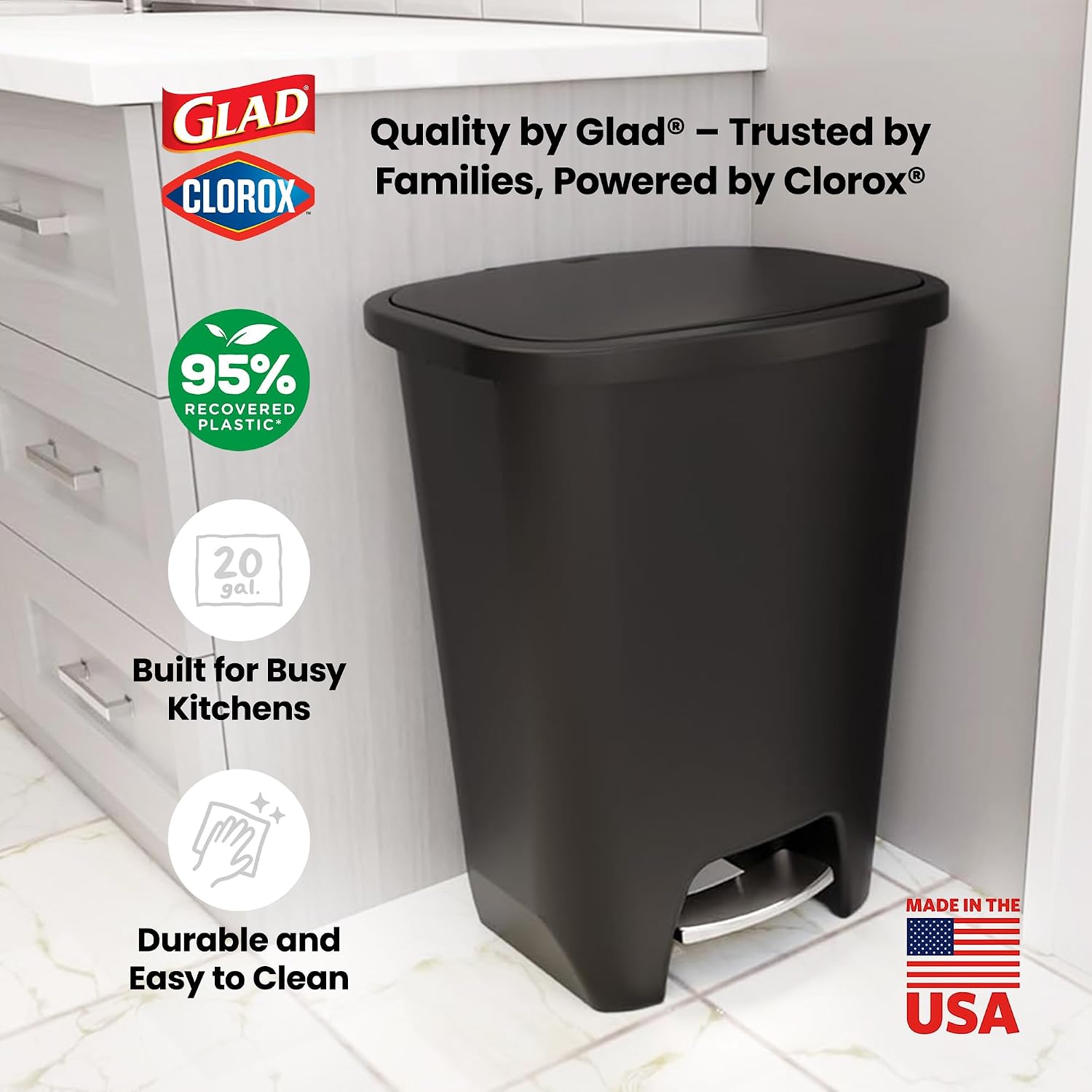 Black plastic minimalist kitchen trash can with odor control feature, 20-gallon capacity, front-angled view — view 3a