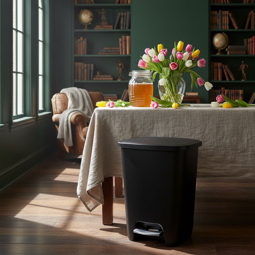 Black plastic minimalist kitchen trash can with odor control feature, 20-gallon capacity, front-angled view — view 4