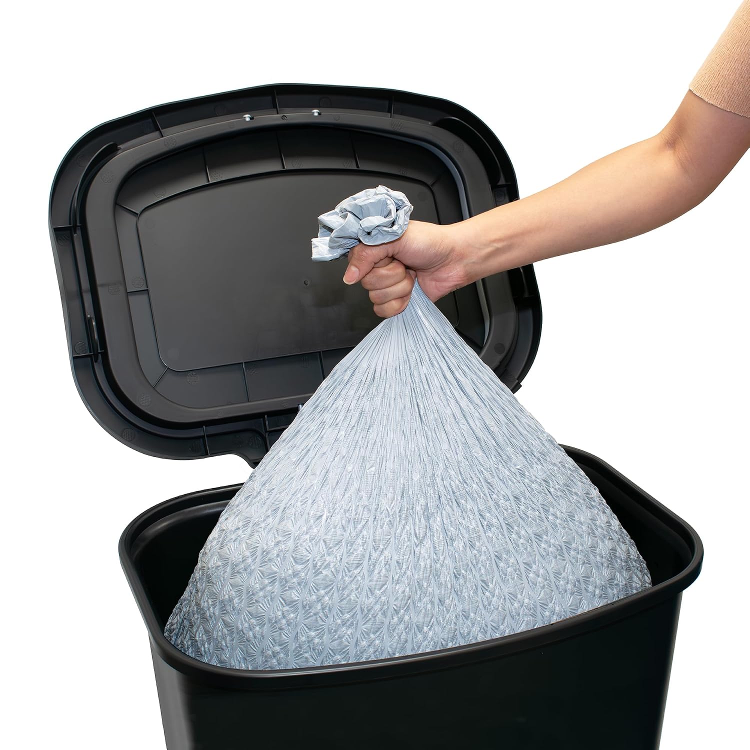 Black plastic minimalist kitchen trash can with odor control feature, 20-gallon capacity, front-angled view — view 5a
