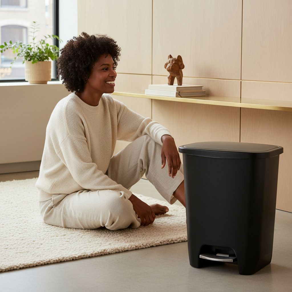Black plastic minimalist kitchen trash can with odor control feature, 20-gallon capacity, front-angled view — view 6