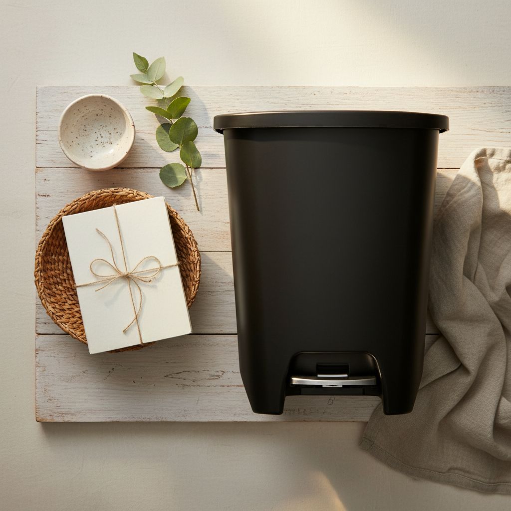 Black plastic minimalist kitchen trash can with odor control feature, 20-gallon capacity, front-angled view — hero view 2