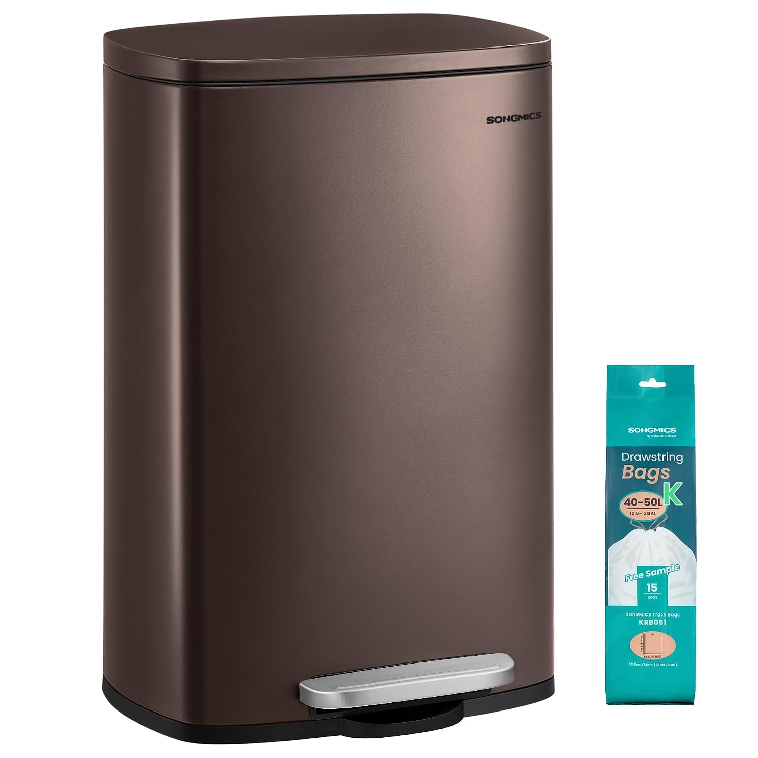 SONGMICS 13 Gallon (50 L) Trash Can, Stainless Steel, Step-On Pedal